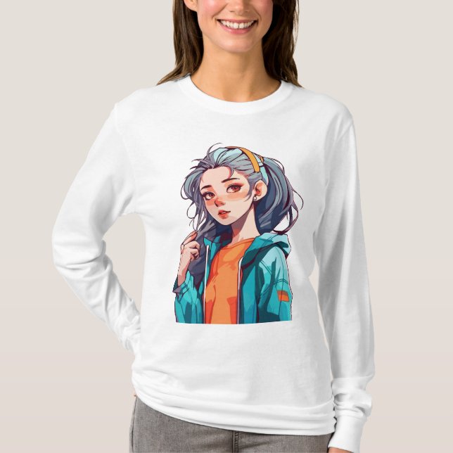 Camiseta Anima Romântica com Cabelo Claro Colorido (Frente)