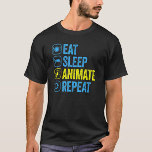Camiseta Animação Comer Sleep Repetir Animador Gráfico Anim