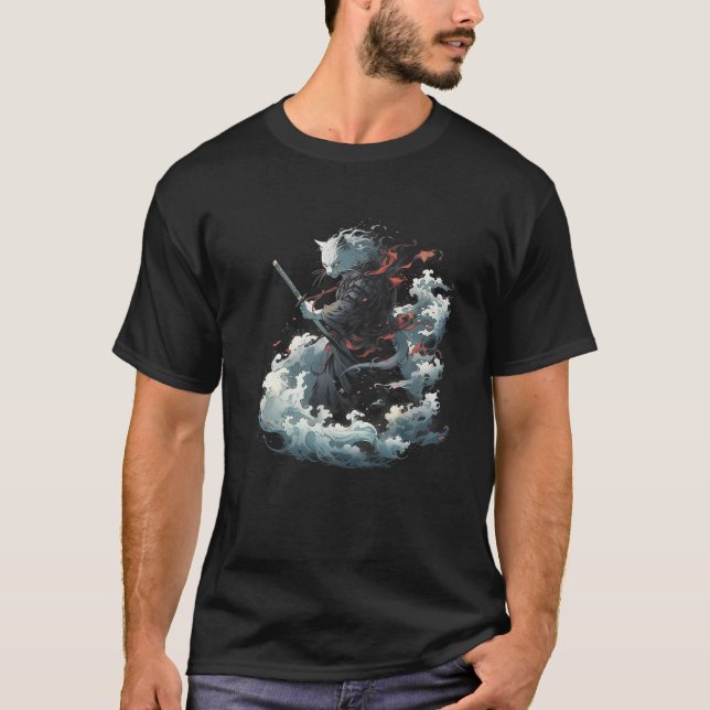 Camiseta animação de gato-do-samurai, estética de guerreiro (Frente)
