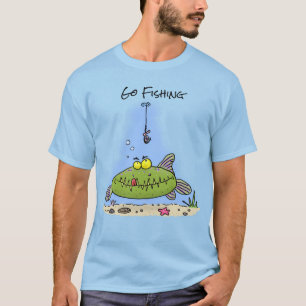 Camiseta Animação de peixe verde esfomeado e gordo
