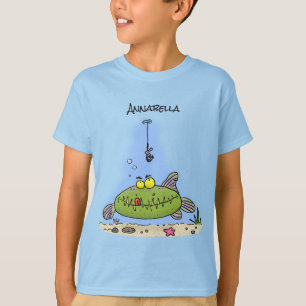 Camiseta Animação de peixe verde esfomeado e gordo