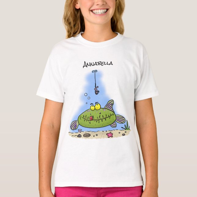 Camiseta Animação de peixe verde esfomeado e gordo (Frente)