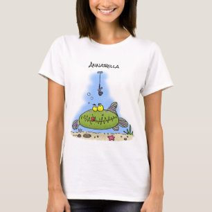 Camiseta Animação de peixe verde esfomeado e gordo