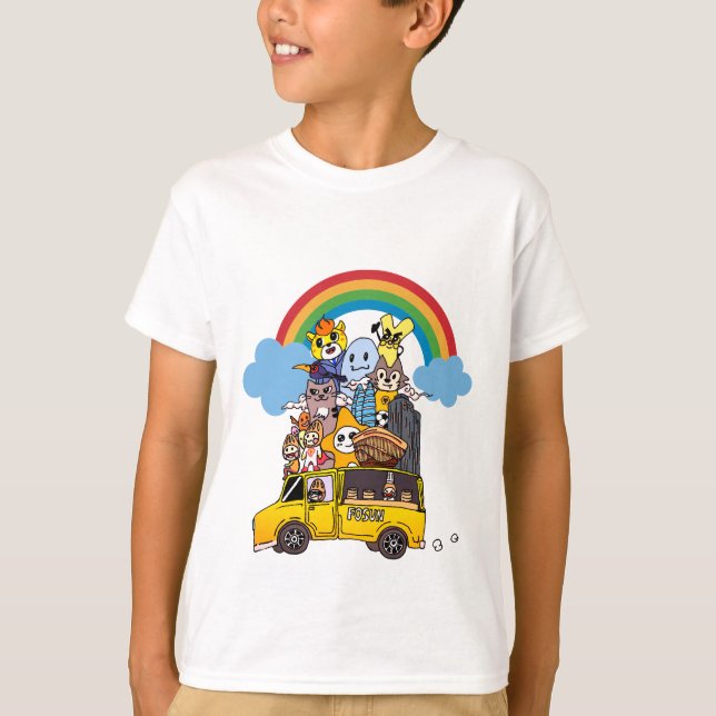 Camiseta Animais, carros, arco-íris (Frente)