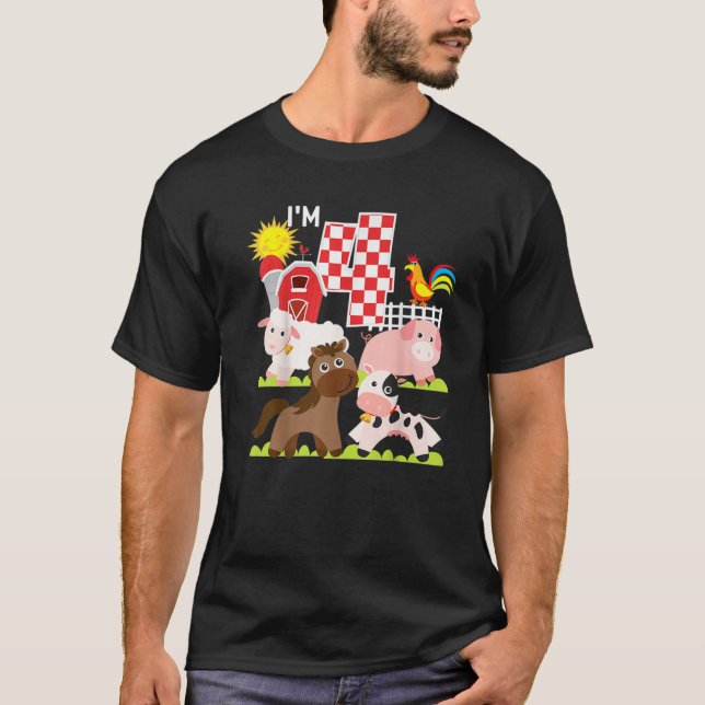 Camiseta Animais da Fazenda Barnyard 4.º Aniversário Eu ten (Frente)