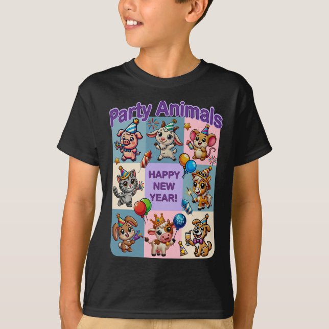 Camiseta Animais de festa "Feliz ano novo" (Frente)