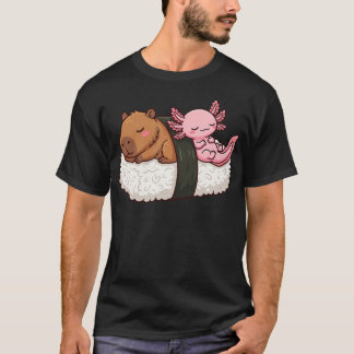 Camiseta Animais de Sushi Kawaii Comida Capivara Fofa Axolo