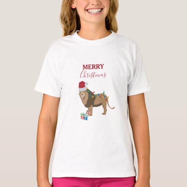 Camiseta Animais Engraçados do Leão de Natal com Papai Noel (Frente)