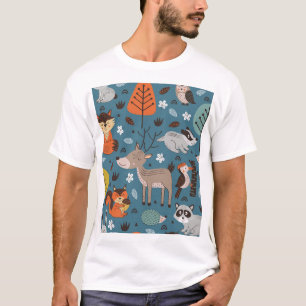 Camiseta Animais florestais, azul, estilo escandinavo