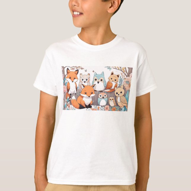 Camiseta Animais florestais - Raposa e Coruja (Frente)