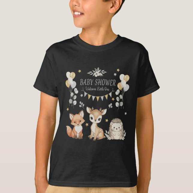 Camiseta Animais Fofos da Floresta Chá de Bebê | Raposa, Ve (Frente)