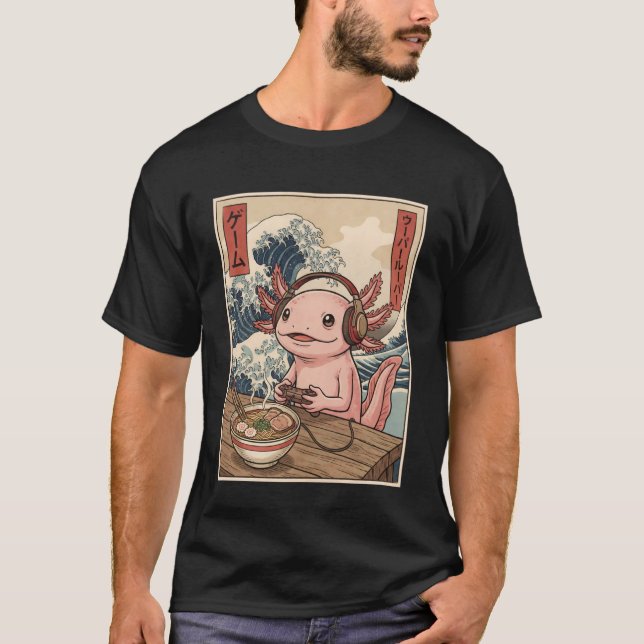 Camiseta Animal Gamer Axolotl Eating Ramen Japanese Kawaii  (Frente)