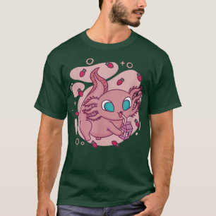 Camiseta Anime-Bebendo Axolotl-Kawaii-Cute Leite de Morango
