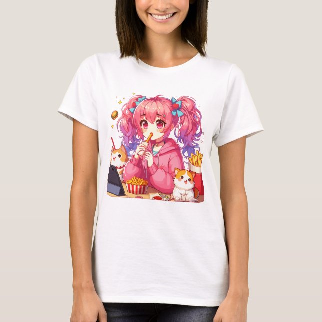 Camiseta Anime Bliss: Rapariga, Batatas e Animais de Compan (Frente)