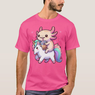 Camiseta Anime Bonita Kawaii Axolotl Dirigindo Um Unicórnio