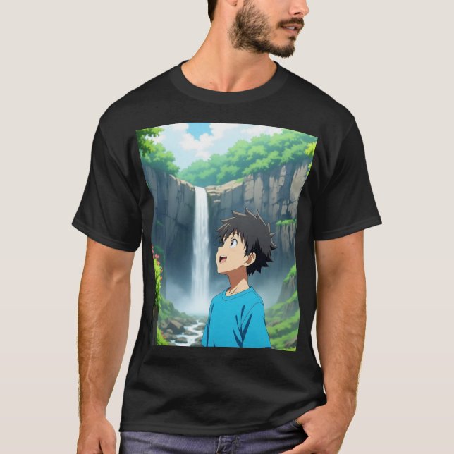 Camiseta Anime Boy Admiring Waterfall in a Beautiful Nature (Frente)