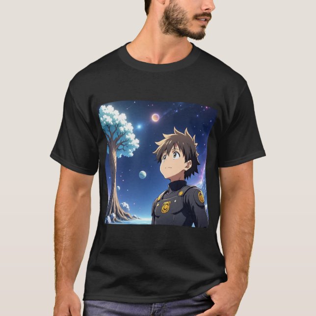 Camiseta Anime Boy Under Starry Sky with Planets – Fantasy  (Frente)