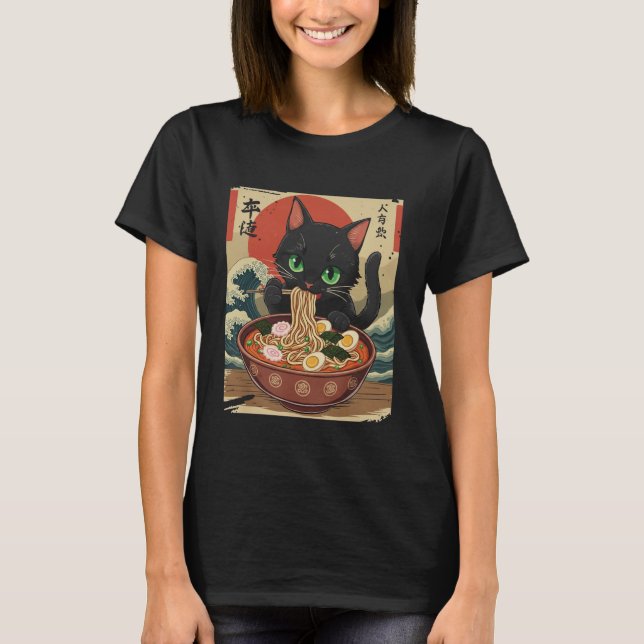 Camiseta Anime Cat Eating Ramen Japanese Art Graphic Cat Cu (Frente)
