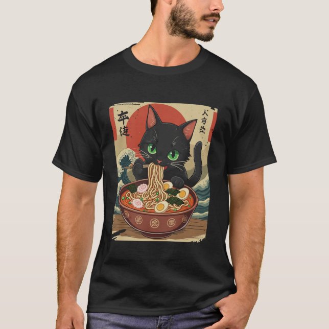 Camiseta Anime Cat Eating Ramen Japanese Art Graphic Cat Cu (Frente)