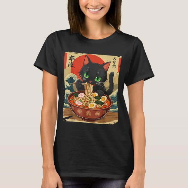 Camiseta Anime Cat Eating Ramen Japanese Art Graphic Cat Cu (Frente)