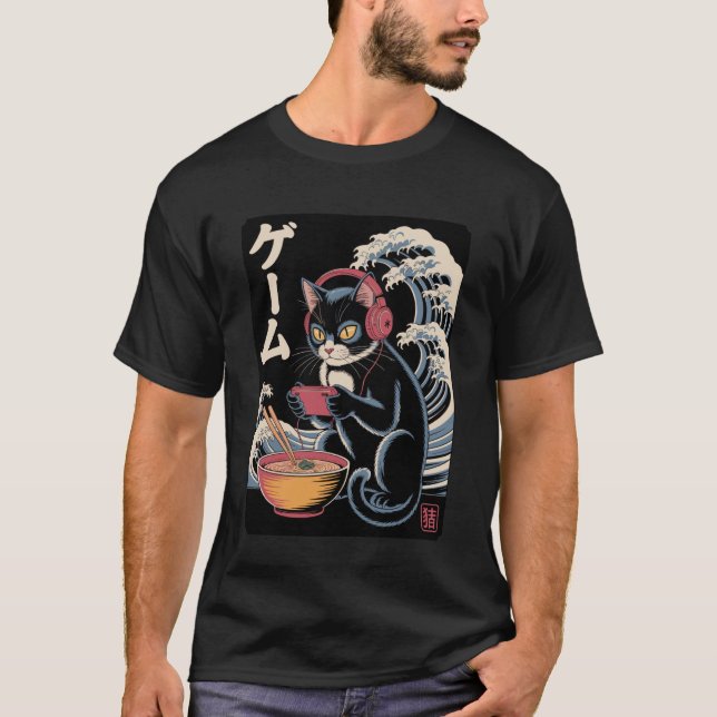Camiseta Anime Cat Eating Ramen Japanese Wave Kawaii Neko K (Frente)