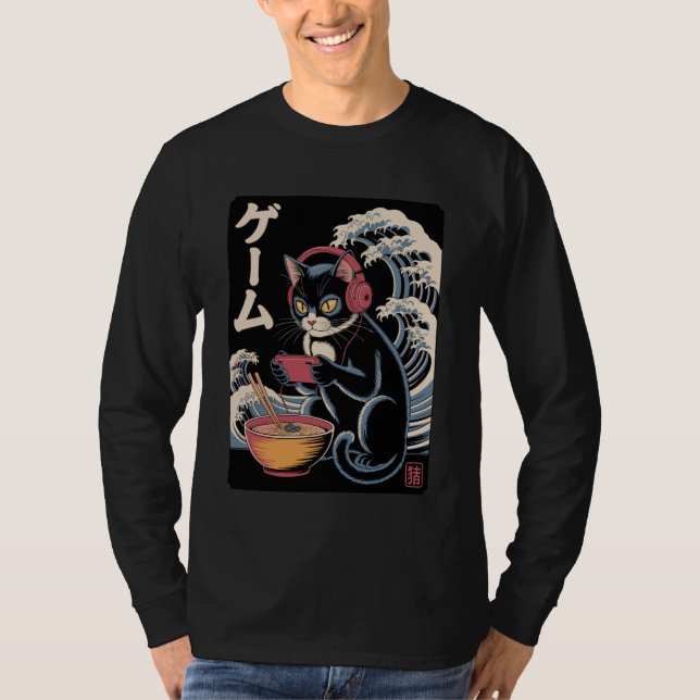 Camiseta Anime Cat Eating Ramen Japanese Wave Kawaii Neko K (Frente)