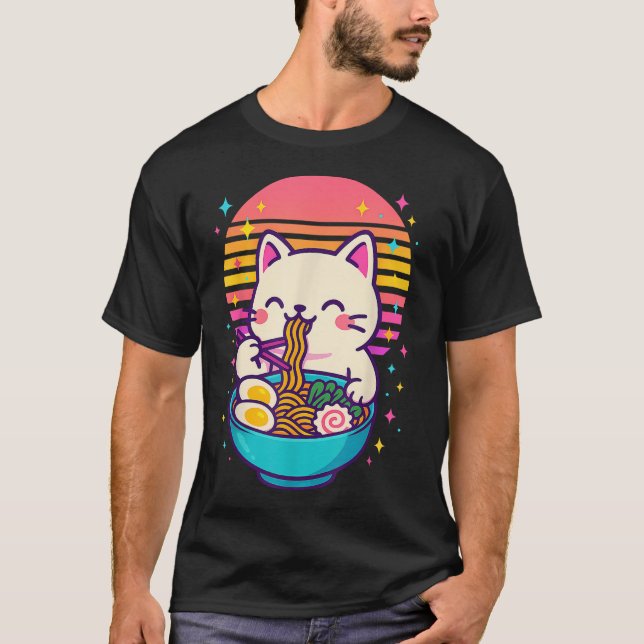 Camiseta Anime Cat Eating Ramen Japonês (Frente)