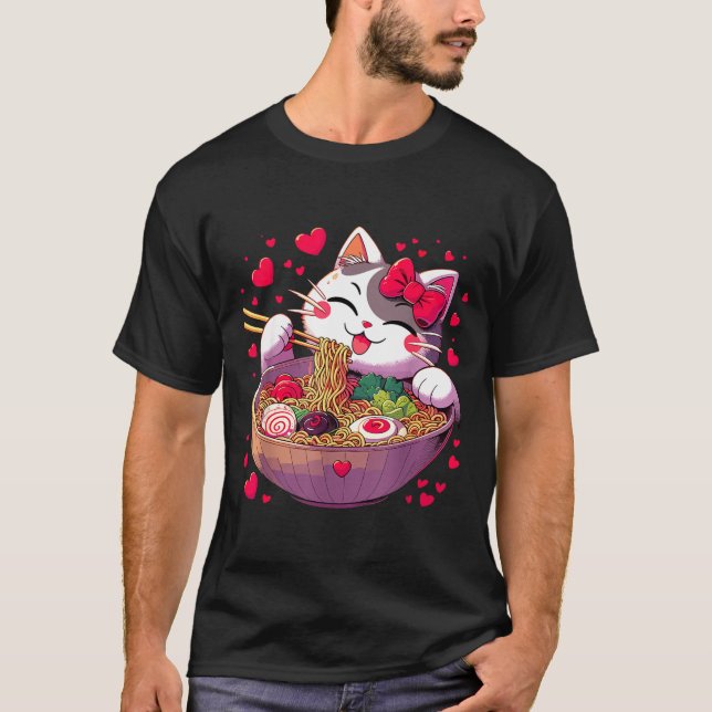 Camiseta Anime Cat Eating Ramen Noodles With Hearts Valenti (Frente)