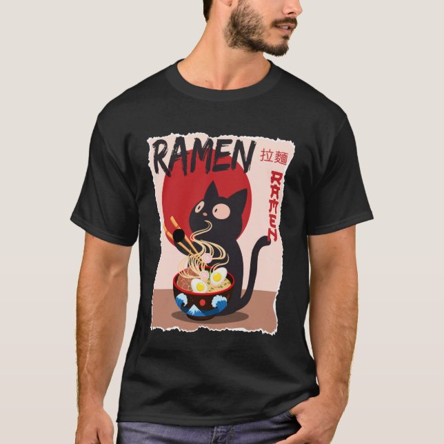 Camiseta Anime Cat Ramen Instant Noodles Funny Japanese Cat (Frente)