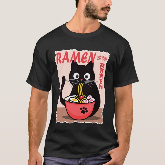 Camiseta Anime Cat Ramen Instant Noodles Funny Japanese Cat (Frente)