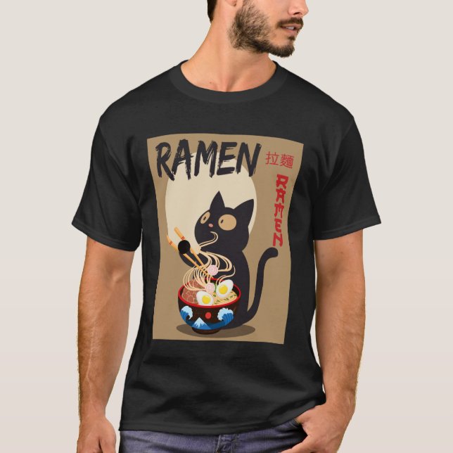 Camiseta Anime Cat Ramen Instant Noodles Funny Japanese Cat (Frente)