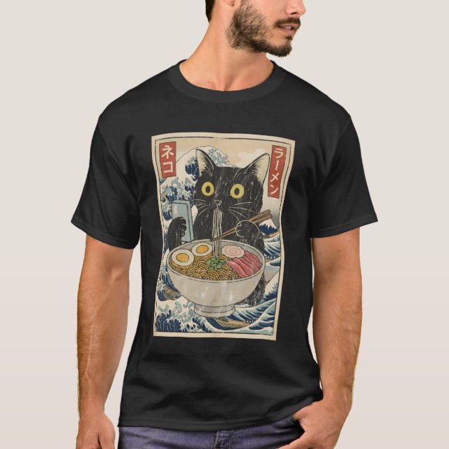 Camiseta Anime Cat Ramen Japanese Funny Cat Phone Tees Anim (Frente)