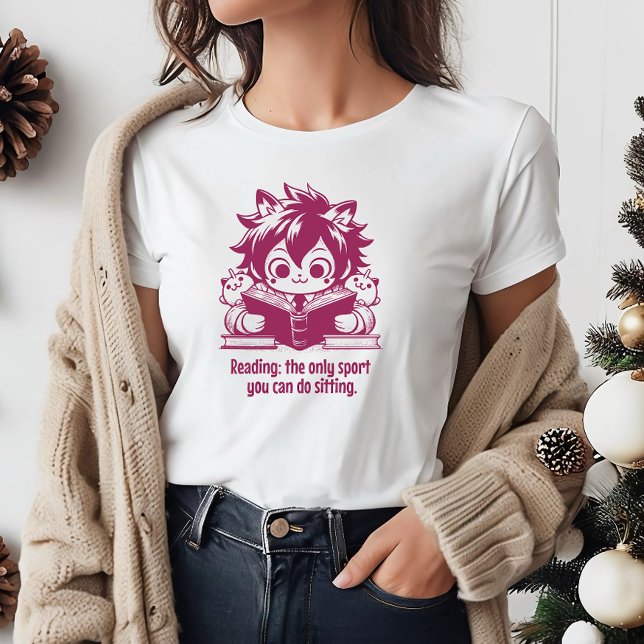 Camiseta Anime Catboy lendo um livro e uma citação engraçad (Criador carregado)