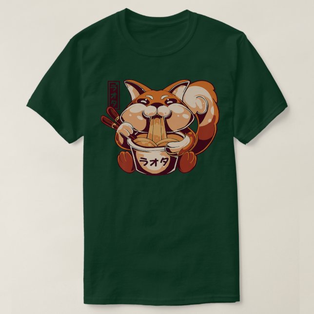Camiseta Anime Cinto Kawaii Fox Eating Ramen Noodles Premiu (Frente do Design)