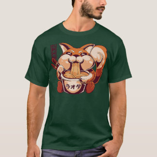Camiseta Anime Cinto Kawaii Fox Eating Ramen Noodles Premiu