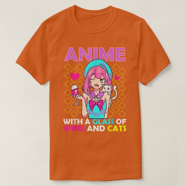 Camiseta Anime Com Vidro De Vinho E Gatos  (Frente do Design)