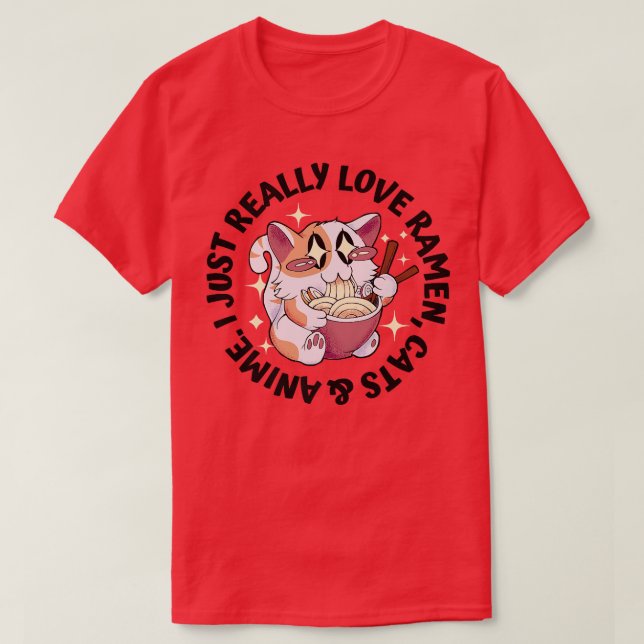 Camiseta Anime de Amor, Gatos e Ramen - Garota Japonesa Moe (Frente do Design)