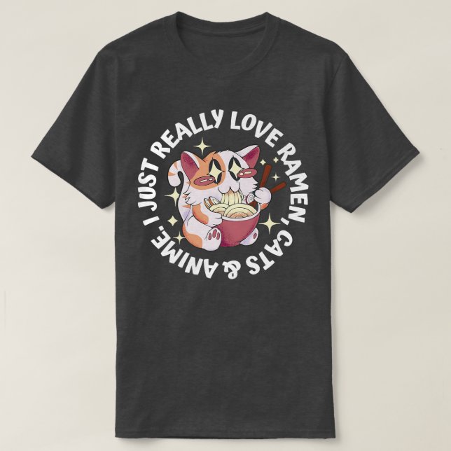 Camiseta Anime de Amor, Gatos e Ramen Garota Japonesa Moe O (Frente do Design)