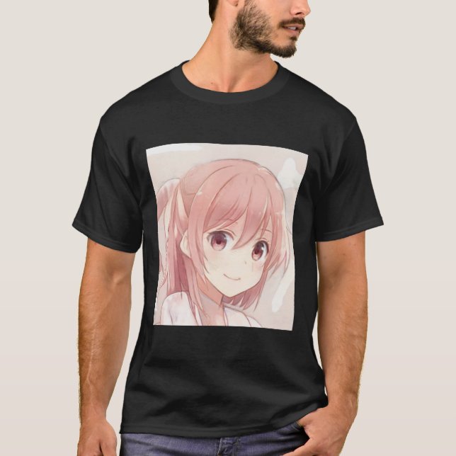 Camiseta Anime de cabelo rosa sorridente manga de olhos ros (Frente)