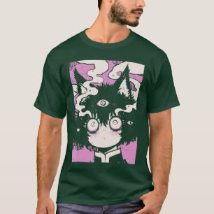 Camiseta Anime de Terror Mangá Neko Japão Japonês Assustado