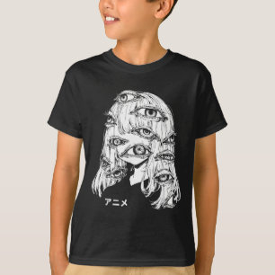 Camiseta Anime em Caracteres Japoneses Olhos Kawaii Rosto