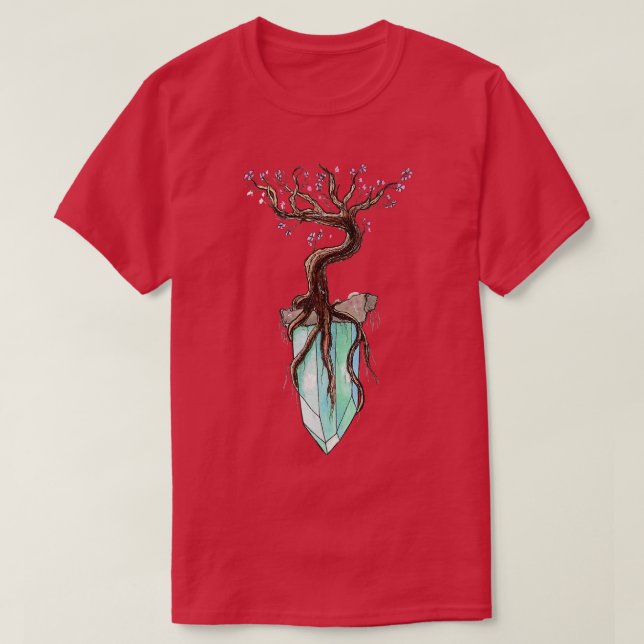 Camiseta Anime Fantasy Sakura Tree sobre Cristal Flutuante (Frente do Design)