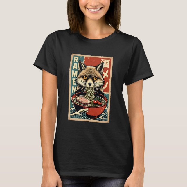Camiseta Anime Fox Eating Ramen Japanese Cute & Funny Kawai (Frente)