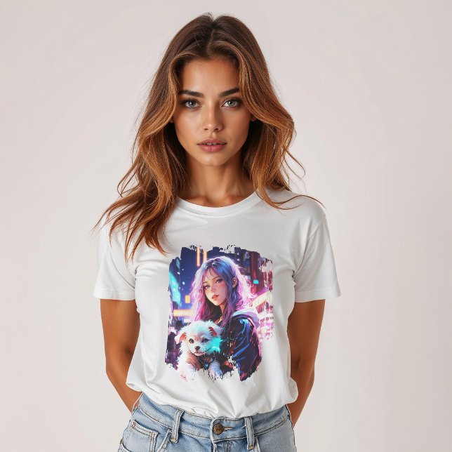 Camiseta Anime Girl and Puppy: Cidade Noturna Whimsical (Criador carregado)