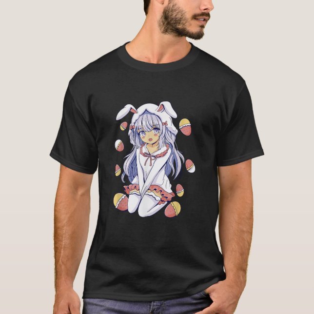Camiseta Anime Girl Easter Bunny and Eggs Holiday Graphic P (Frente)