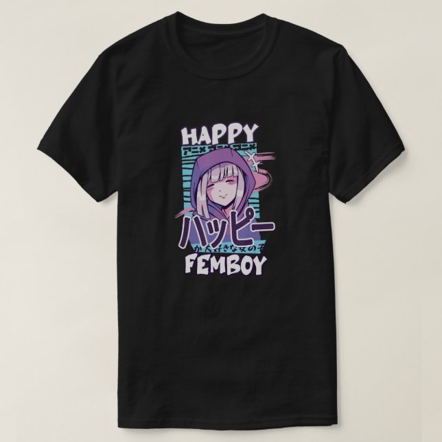 Camiseta Anime Happy Femboy com Happy no japonês - Fofo e (Frente do Design)