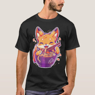 Camiseta Anime Japonês Bonito Kawaii Fox Comendo Raparigas 