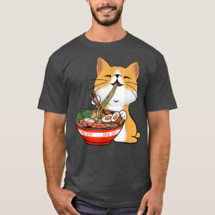 Camiseta Anime japonês Kawaii Cat Comendo Ramen Tee para Te