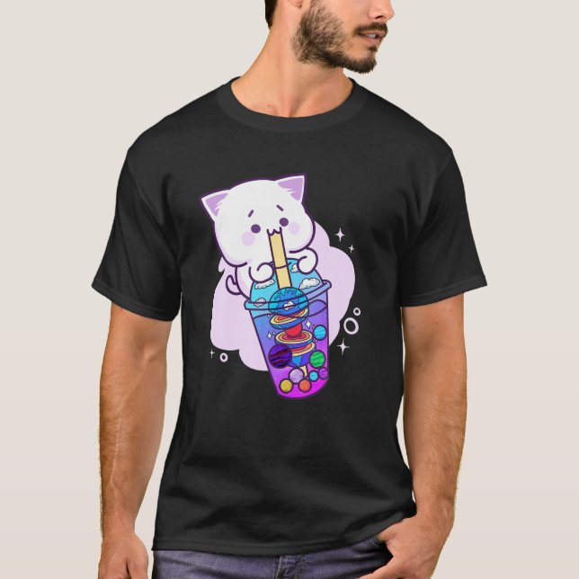 Camiseta Anime Kawaii Boba Galaxy Gato Planeta Chá Gota Got (Frente)
