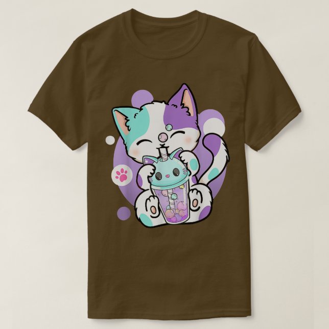 Camiseta Anime Kawaii Cat Boba Bubble Tea Neko Boba Tea Cat (Frente do Design)